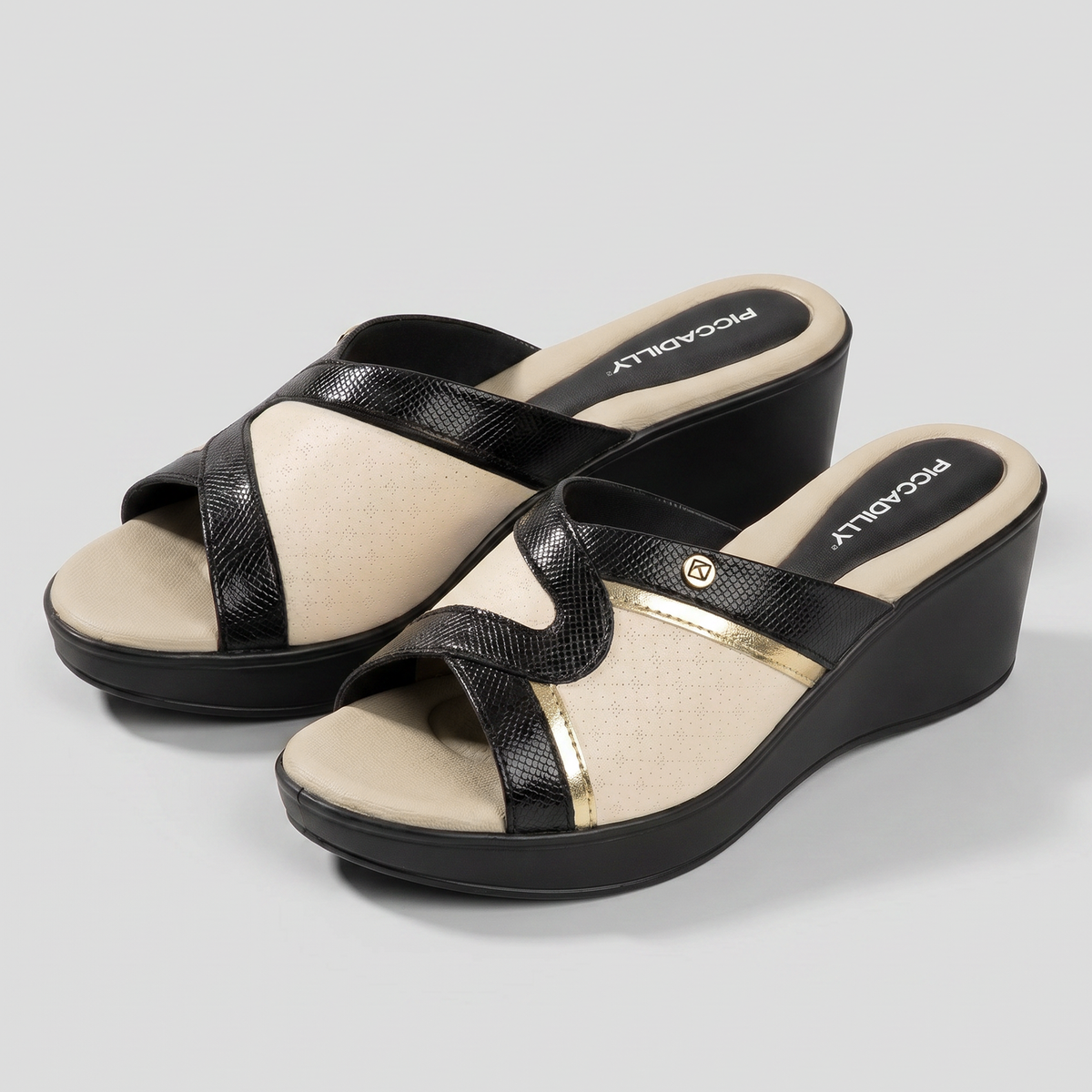 SANDALIA JOANETE MUJER PICCADILLY PRETO/OURO/OFF WHITE 54043700000001