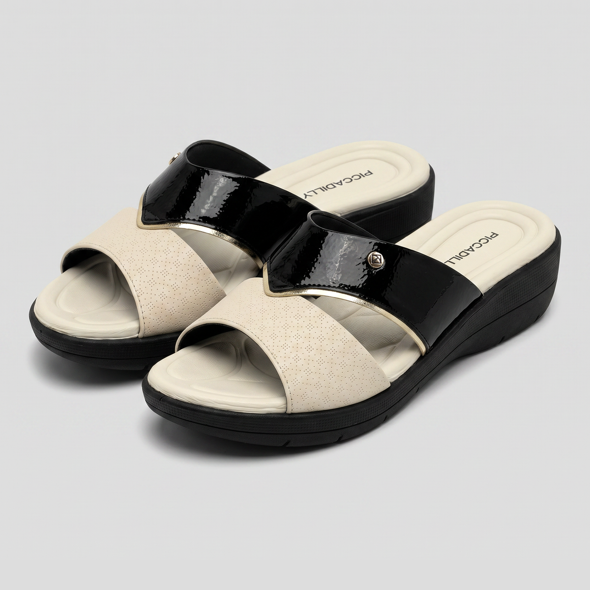 SANDALIA FASCITE MUJER PICCADILLY PRETO/OURO/OFF WHITE 23904300000001